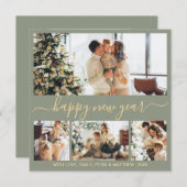 Happy New Year Script 4 Photo Collage Sage Green シーズンカード (正面/裏面)