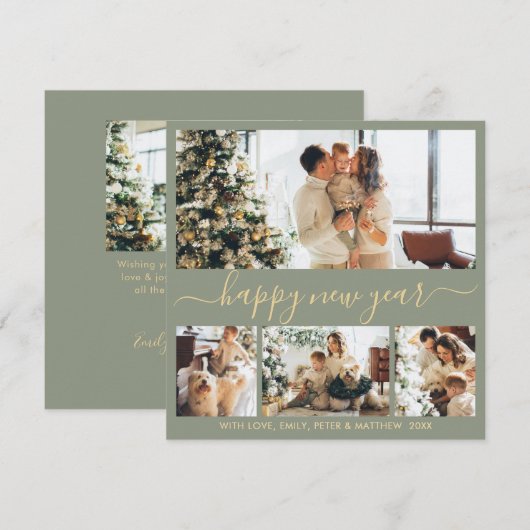 Happy New Year Script 4 Photo Collage Sage Green シーズンカード (正面/裏面)