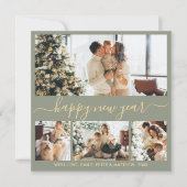 Happy New Year Script 4 Photo Collage Sage Green シーズンカード (正面)