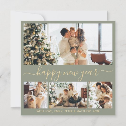 Happy New Year Script 4 Photo Collage Sage Green シーズンカード (正面)