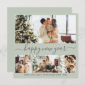 Happy New Year Script 4 Photo Collage Sage Green シーズンカード (正面/裏面)