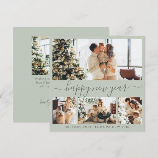 Happy New Year Script 4 Photo Collage Sage Green シーズンカード (正面/裏面)