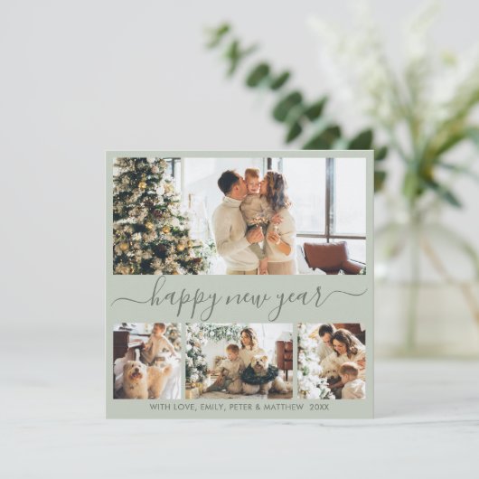 Happy New Year Script 4 Photo Collage Sage Green シーズンカード (スタンド正面)