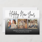 Happy New Year Script Black 3フォトコラージュ カード (正面)