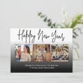 Happy New Year Script Black 3フォトコラージュ カード (スタンド正面)