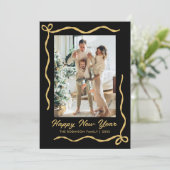 Happy New Year Script Black Gold Gold Bow 2 Photo シーズンカード (スタンド正面)