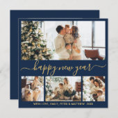 Happy New Year Script Blue Gold 4 Photo Collage シーズンカード (正面/裏面)