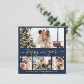 Happy New Year Script Blue Gold 4 Photo Collage シーズンカード (スタンド正面)