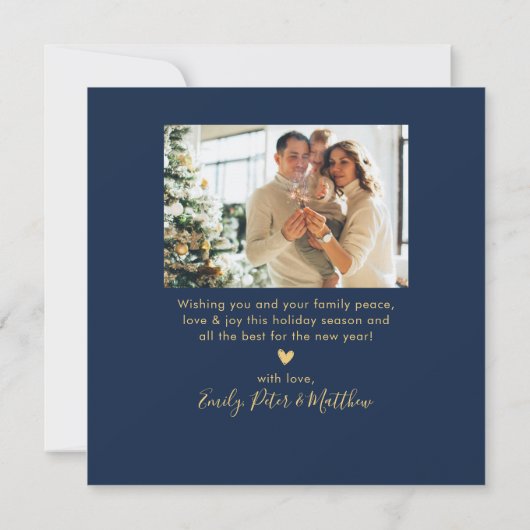 Happy New Year Script Blue Gold 4 Photo Collage シーズンカード (裏面)