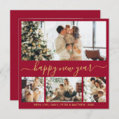 Happy New Year Script Burgundy 4 Photo Collage シーズンカード (正面/裏面)