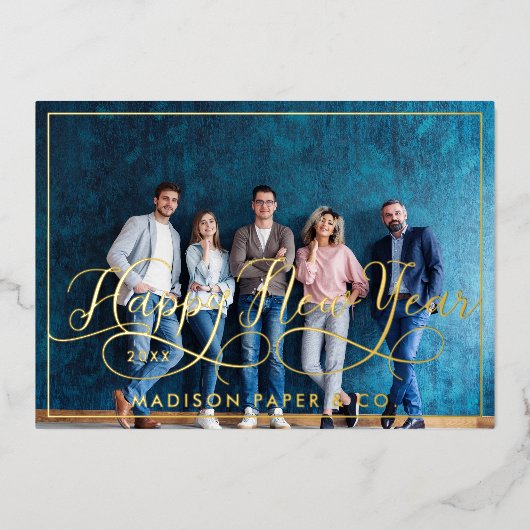 Happy New Year Script Corpビジネスフォト&ロゴ 箔シーズンカード (正面)