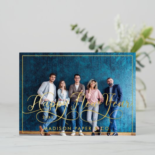 Happy New Year Script Corpビジネスフォト&ロゴ 箔シーズンカード (立ち正面)