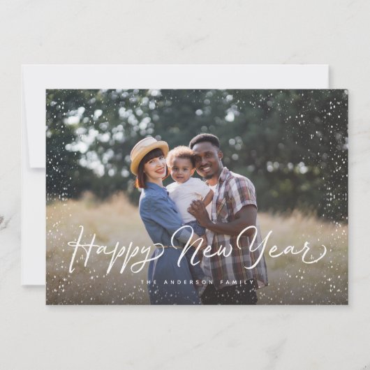 Happy New Year Script Snow Photo シーズンカード (正面)