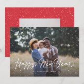 Happy New Year Script Snow Photo シーズンカード (正面/裏面)