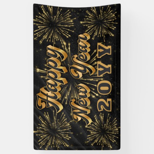 Happy New Year Simple Black And Gold Party 横断幕 (縦)