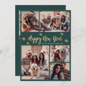Happy New Year Snowflake Green Gold Photo Collage シーズンカード (正面/裏面)