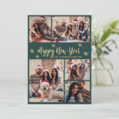 Happy New Year Snowflake Green Gold Photo Collage シーズンカード (スタンド正面)