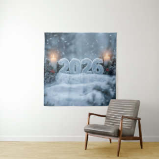 happy new year snowy candle backdrop タペストリー