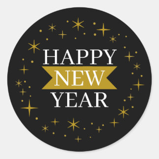 Happy New Year Sparkle Black Sticker ラウンドシール