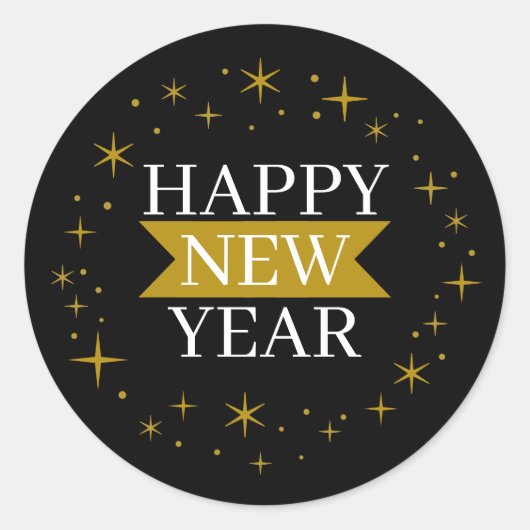Happy New Year Sparkle Black Sticker ラウンドシール (正面)
