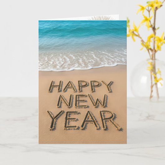 Happy New Year Text On a Tropical Beach カード (黄色い花)