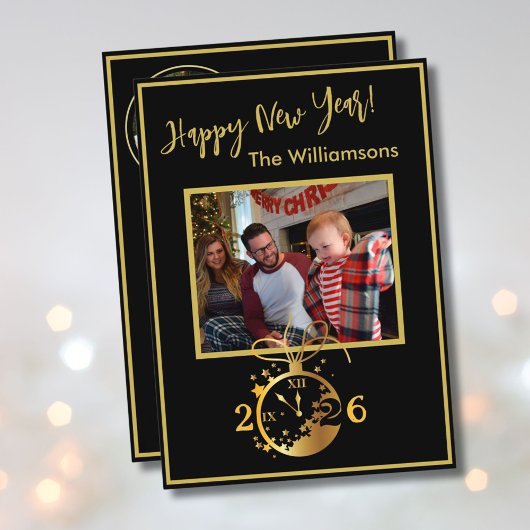 Happy New Year's 4 Photo Clock Card 招待状