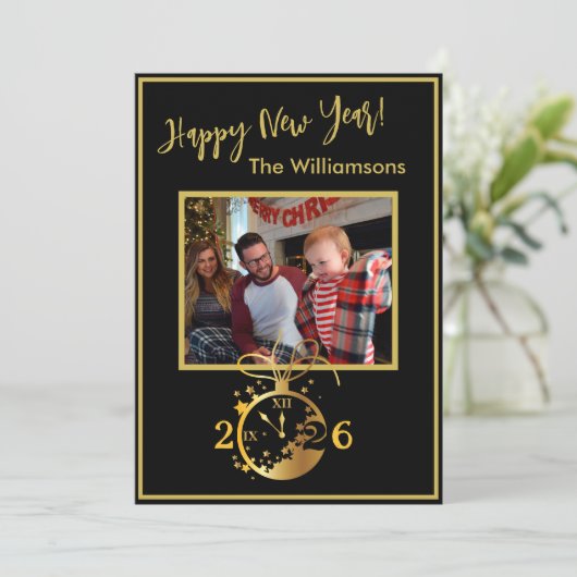 Happy New Year's 4 Photo Clock Card 招待状 (スタンド正面)