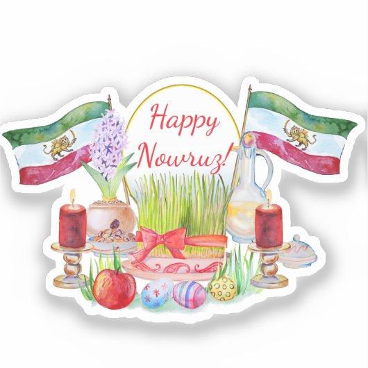 Happy Norooz Haft Sin with Lion and Sun Flags シール (正面)