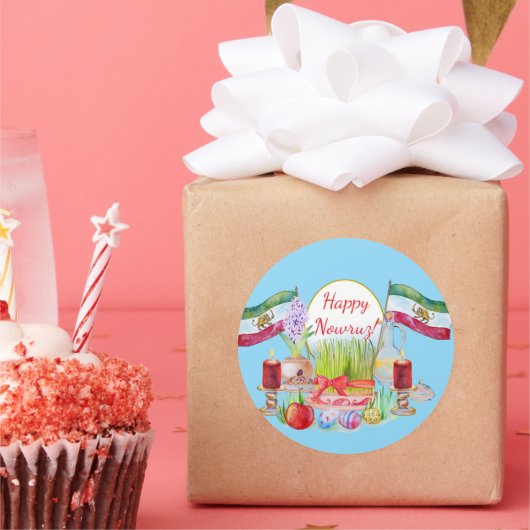 Happy Norooz Haft Sin with Lion and Sun Flags ラウンドシール (パーティー)