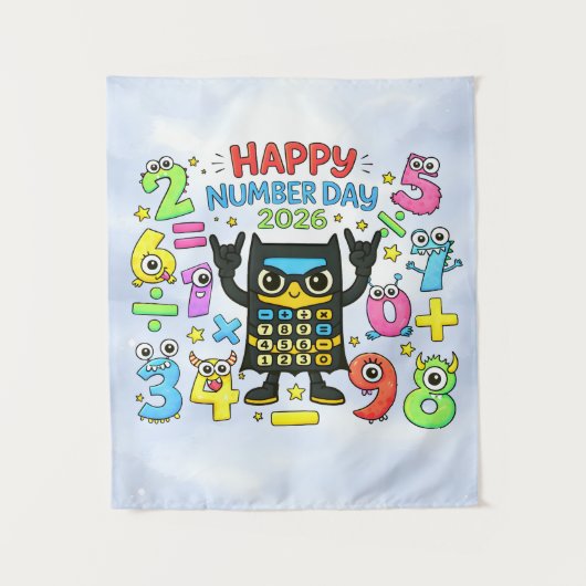 Happy Number Day 2026 かわいい電卓 数学デザイン タペストリー (正面)