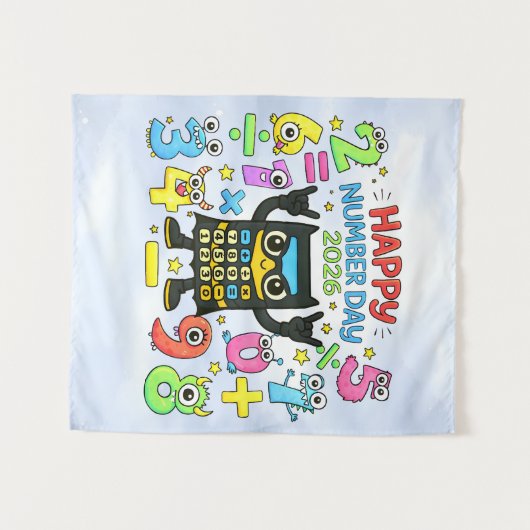 Happy Number Day 2026 Cute Calculator Math Design タペストリー (正面(横))