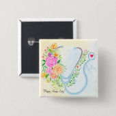 Happy Nurses Day Floral Stethoscope Appreciation 缶バッジ (正面&裏面)