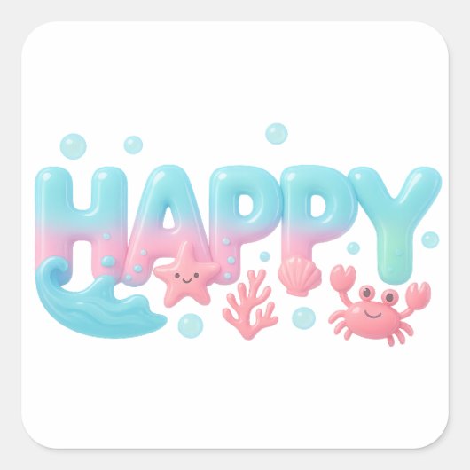 Happy Ocean Pastel Glossy Text スクエアシール (正面)