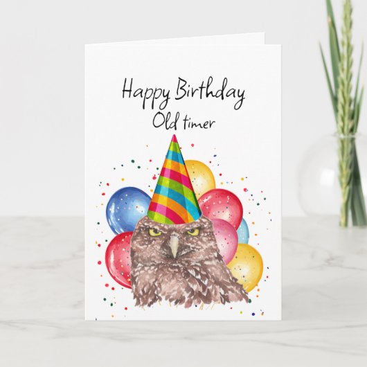 Happy Old Timer Birthday Fun Owl Humor カード (正面)