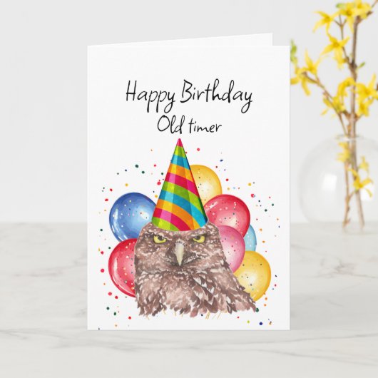 Happy Old Timer Birthday Fun Owl Humor カード (黄色い花)