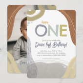 Happy One First Birthday Photo boy Invitation 招待状 (正面/裏面)