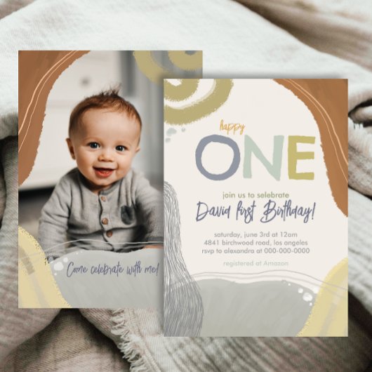 Happy One First Birthday Photo boy Invitation 招待状