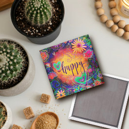 HAPPY ONE WORDインスピレーションおもしろいフローラハート マグネット