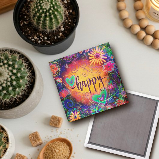 HAPPY ONE WORDインスピレーションおもしろいフローラハート マグネット