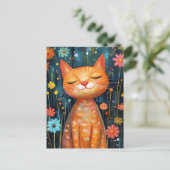 Happy Orange Cat Whimsical Flowers ポストカード (スタンド正面)