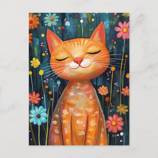 Happy Orange Cat Whimsical Flowers ポストカード (正面)