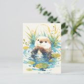 Happy Otter in Watercolor Lily Pond ポストカード (スタンド正面)