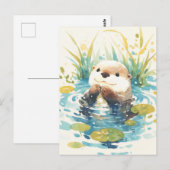 Happy Otter in Watercolor Lily Pond ポストカード (正面/裏面)