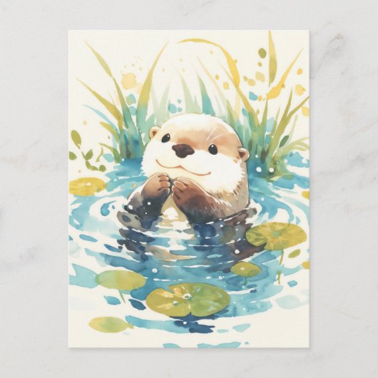 Happy Otter in Watercolor Lily Pond ポストカード (正面)