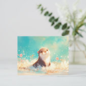 Happy Otter Splashing in Turquoise Sea ポストカード (スタンド正面)