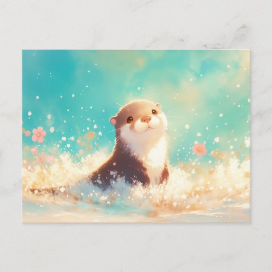 Happy Otter Splashing in Turquoise Sea ポストカード (正面)