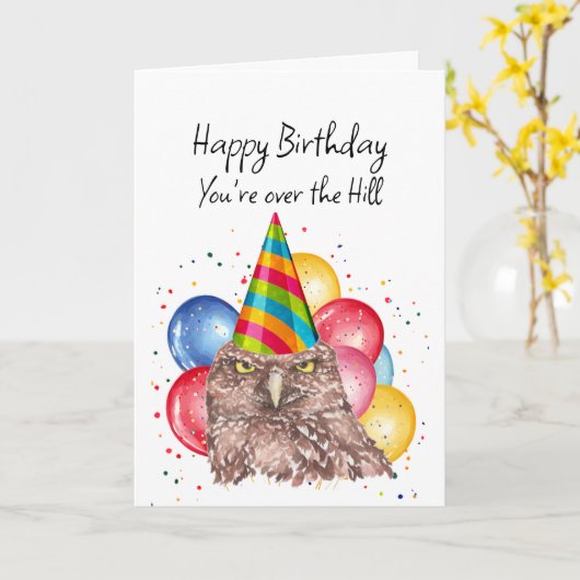 Happy Over the Hill Birthday Fun Owl Humor カード (黄色い花)