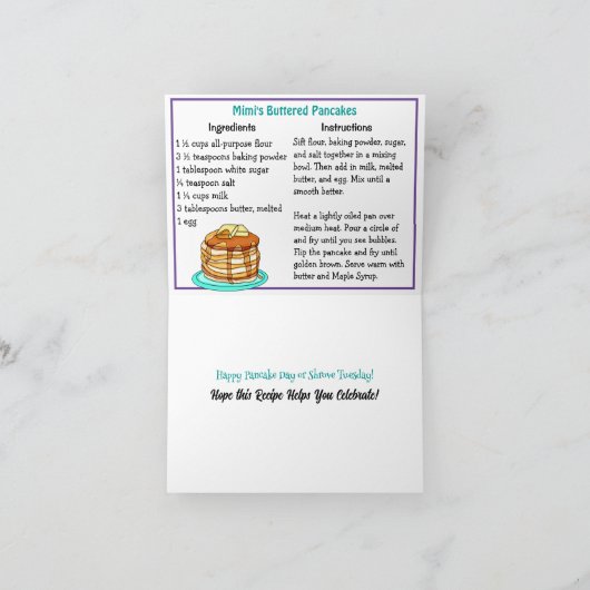 Happy Pancake DayまたはShrove Tuesday カード (内部)