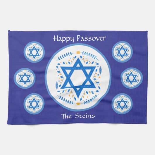 Happy PASSOVER 青いダビデの星 名前 キッチンタオル (横)