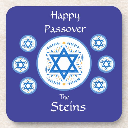 Happy PASSOVER Blue Star of David NAME コースター (正面)
